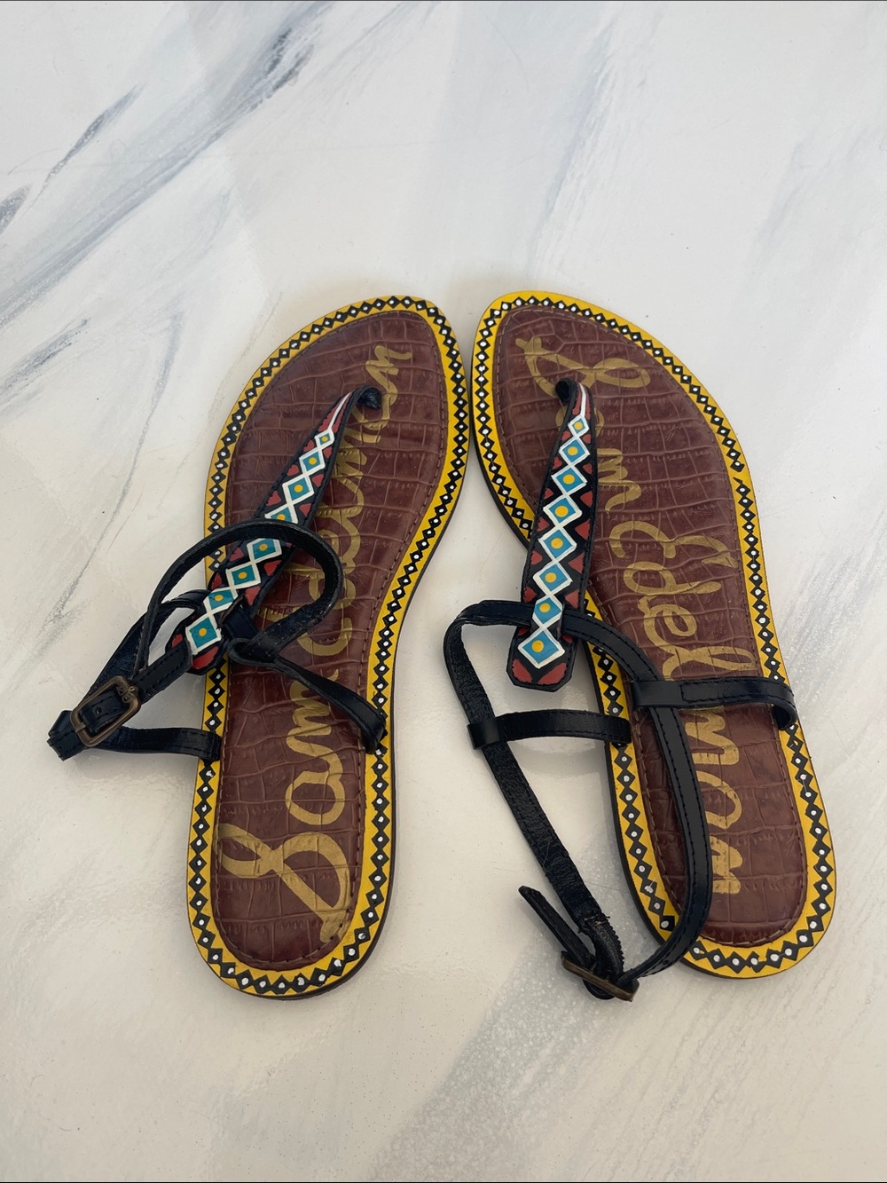 Sam Edelman Black Leather T-Strap Sandals with Multicolor Bead Accents